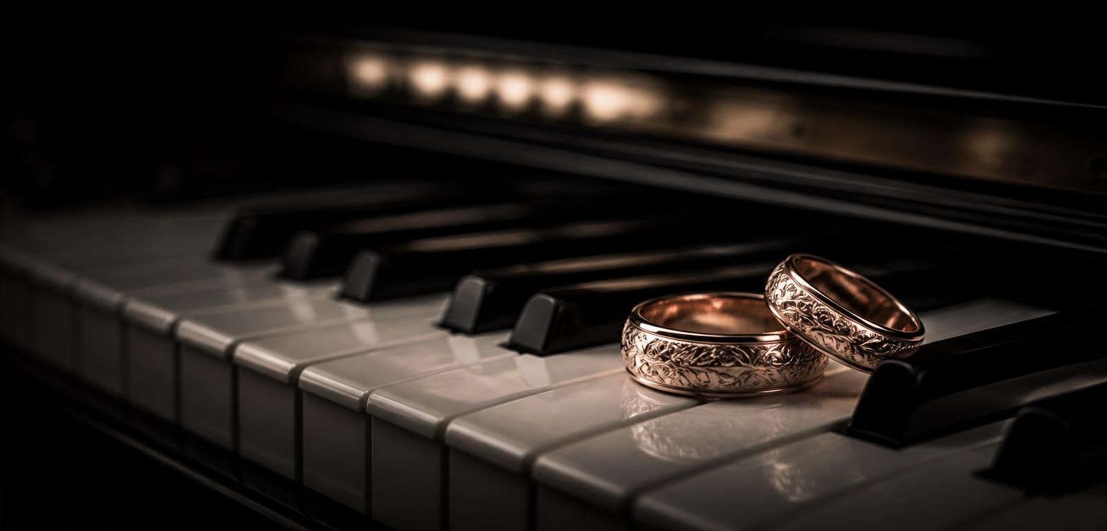 Due fedi decorate sui tasti di un pianoforte